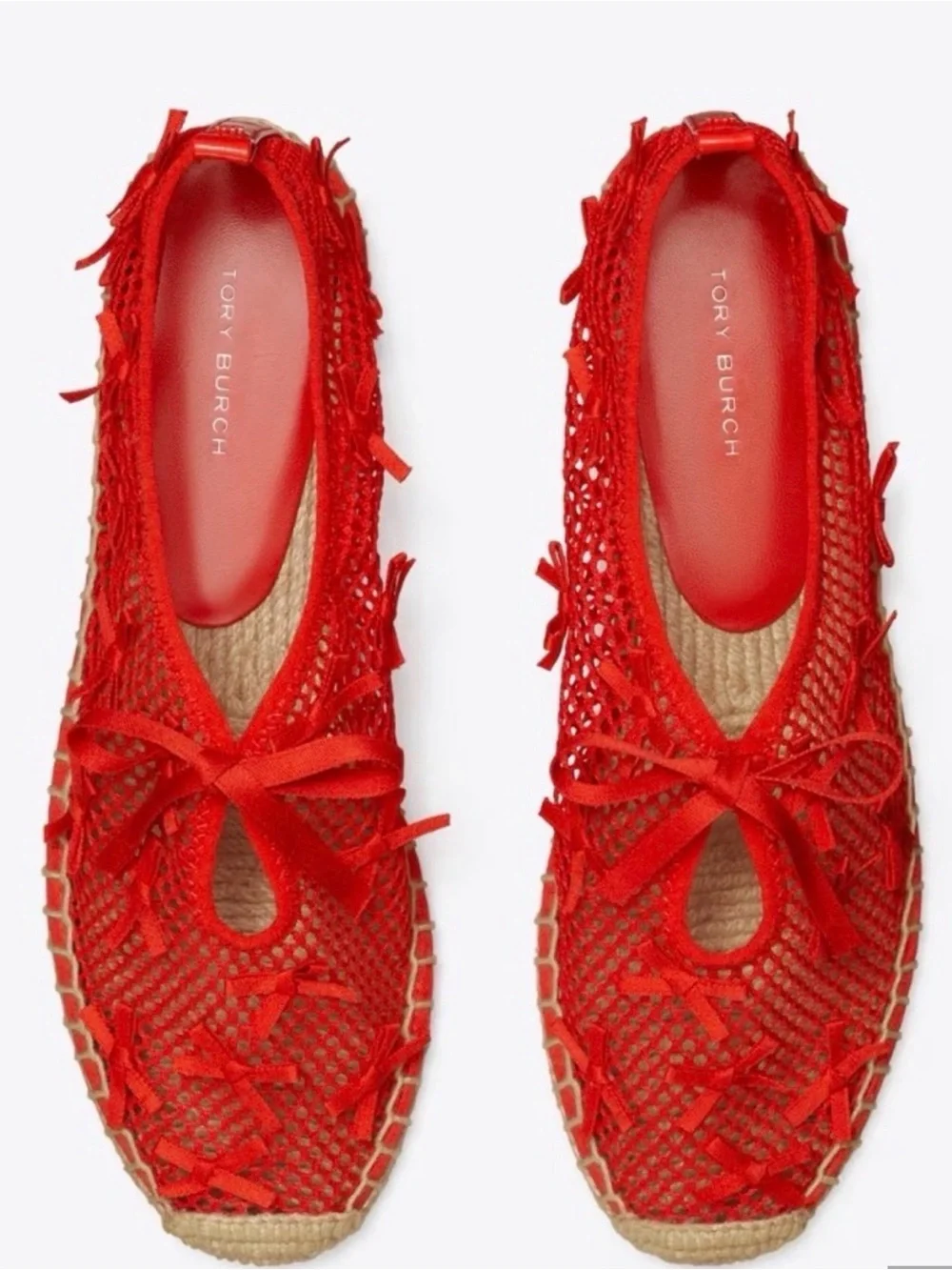 Tory Burch Red Crochet Espadrilles with Bow Detail